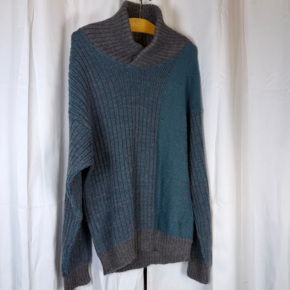 Prima Maglia Hand Loomed Virgin Wool Sweater XL Teal Grey Mock Neck Uruguay